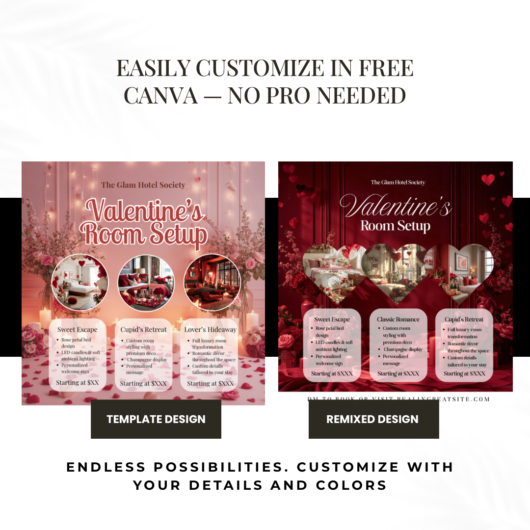 Valentine’s Room Setup Canva Template | Sweet Escape Romantic Room Decor Flyer | Valentine’s Day Promotion | Editable Canva Template