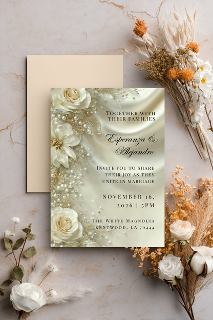 Luxury Satin & Pearl Wedding Invitation | Glamorous Bridal Invitation Template | Editable Canva Design