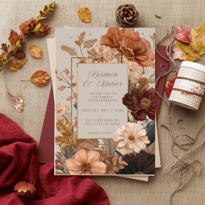 Autumn Floral Wedding Invitation Template | Rust & Cream Printable | Elegant Canva Design