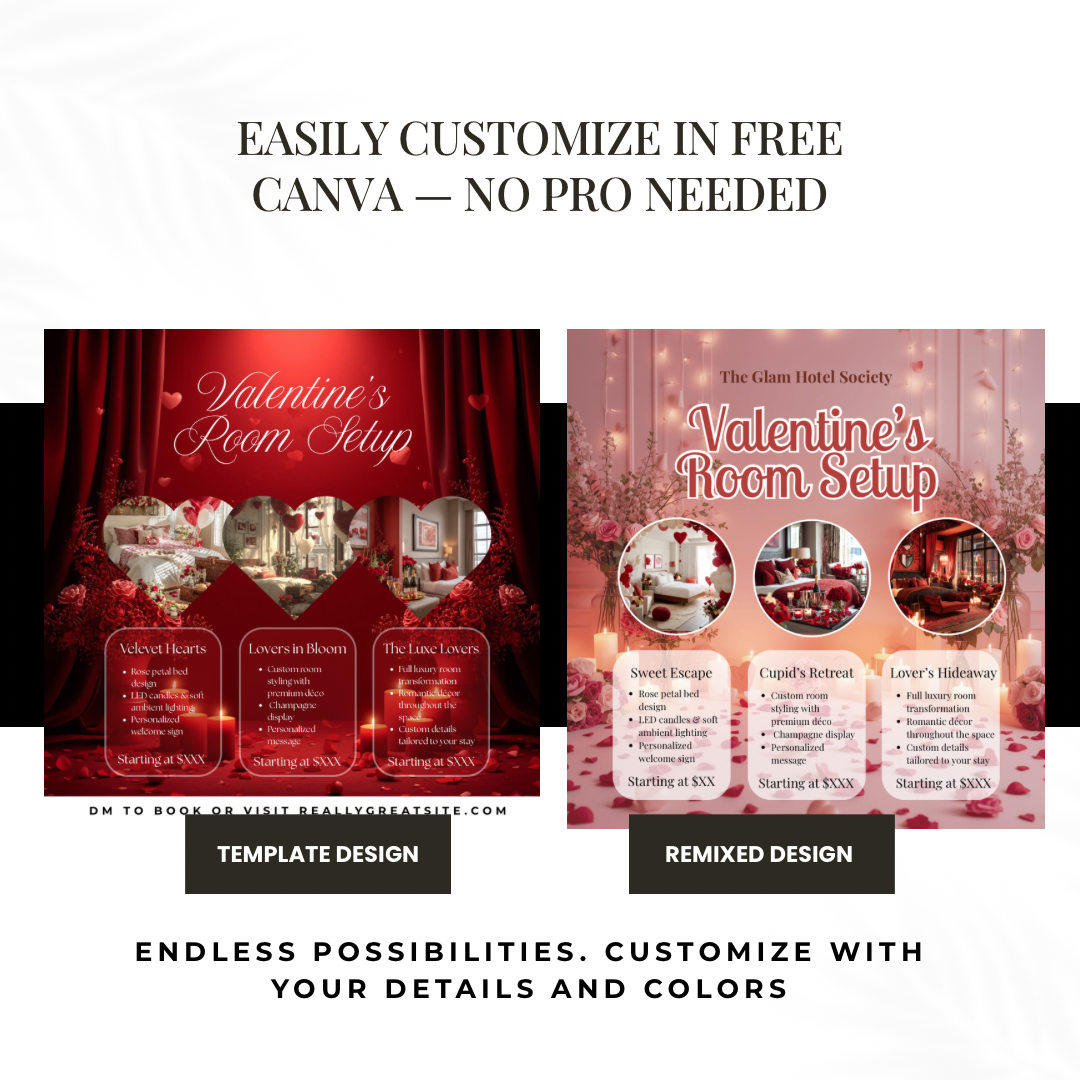 Valentine’s Room Setup Canva Template | Velvet Hearts Romantic Hotel Flyer | Luxury Valentine’s Room Decor Promo | Editable Canva Design