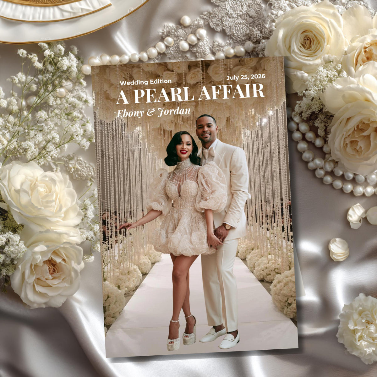 Personalized wedding magazine program cover with “A PEARL AFFAIR” title and couple photo