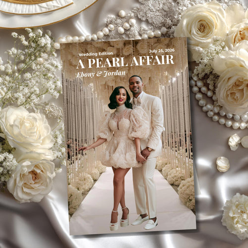 Personalized wedding magazine program cover with “A PEARL AFFAIR” title and couple photo