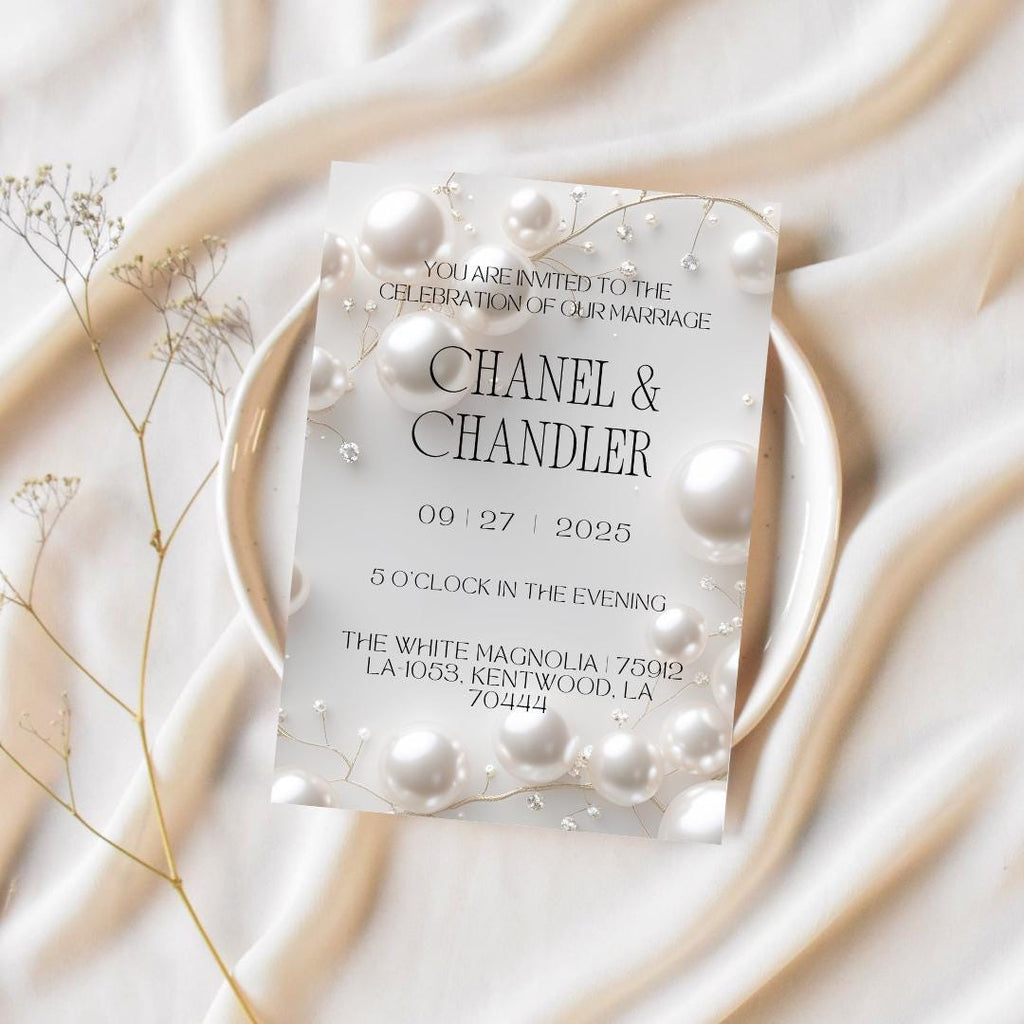 Editable Pearl Wedding Invitation Template | Elegant Modern Bridal Invite | White & Ivory Luxe Canva Design | Instant Download