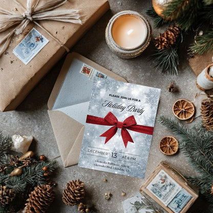 Classic Holiday Party Invitation | Red Bow & Snowflakes Canva Template