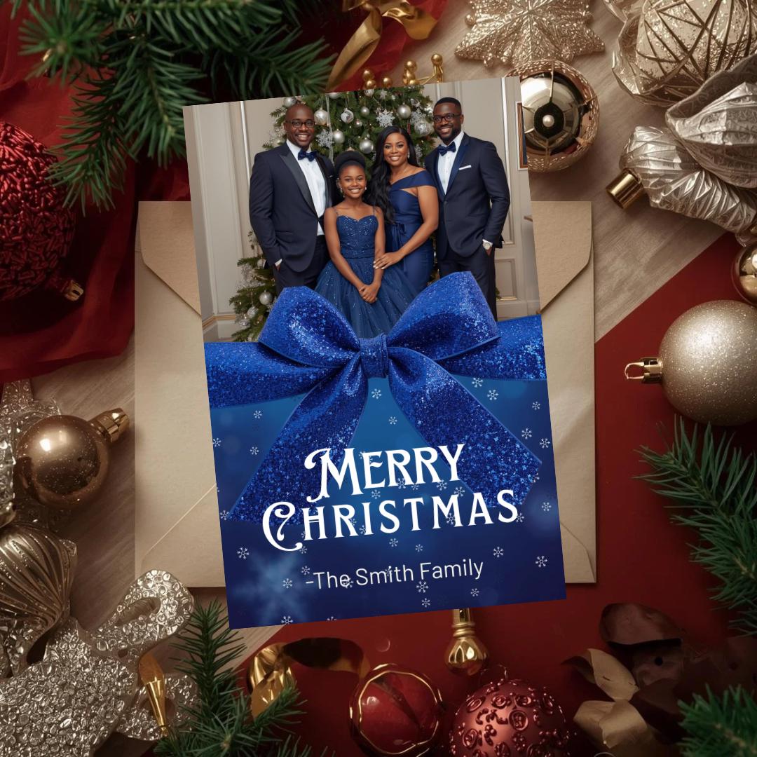 Royal blue Christmas photo card with large navy bow and Merry Christmas text