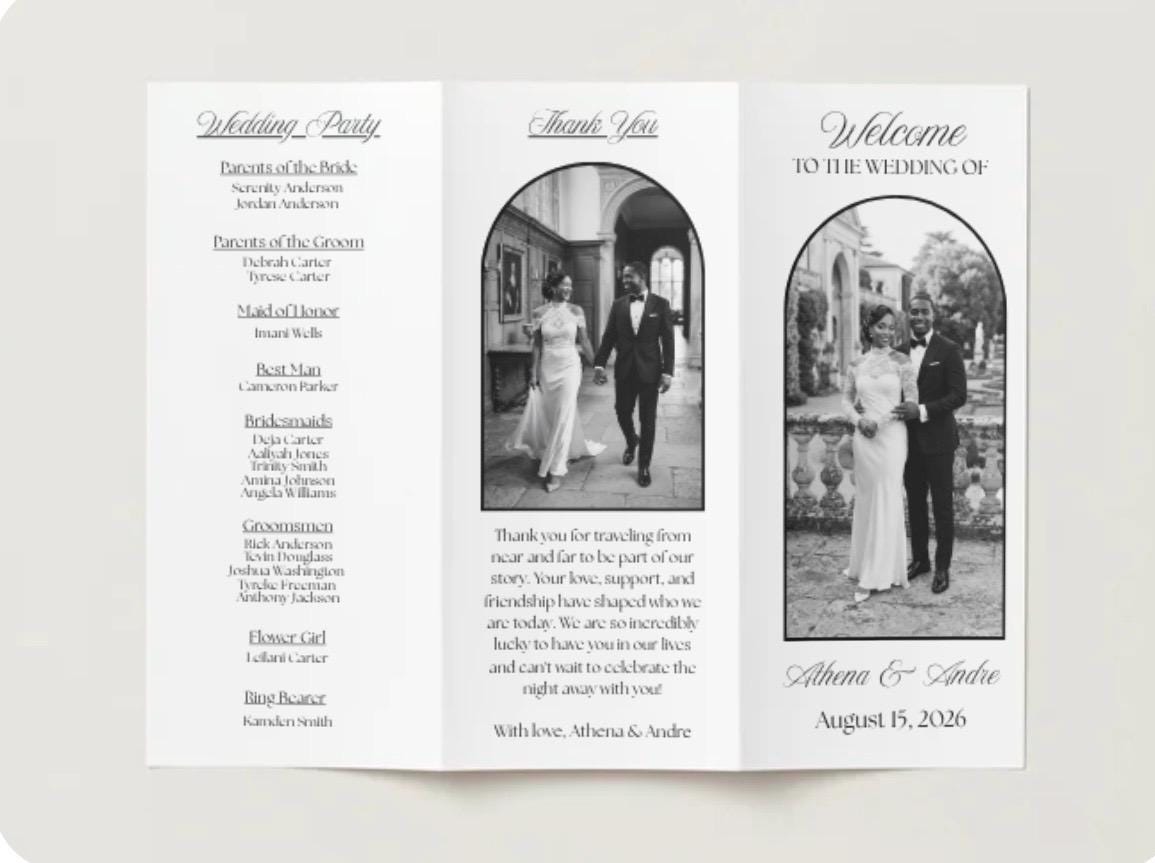 Tri-fold wedding program template, open with party list, thank-you message, and photo panel