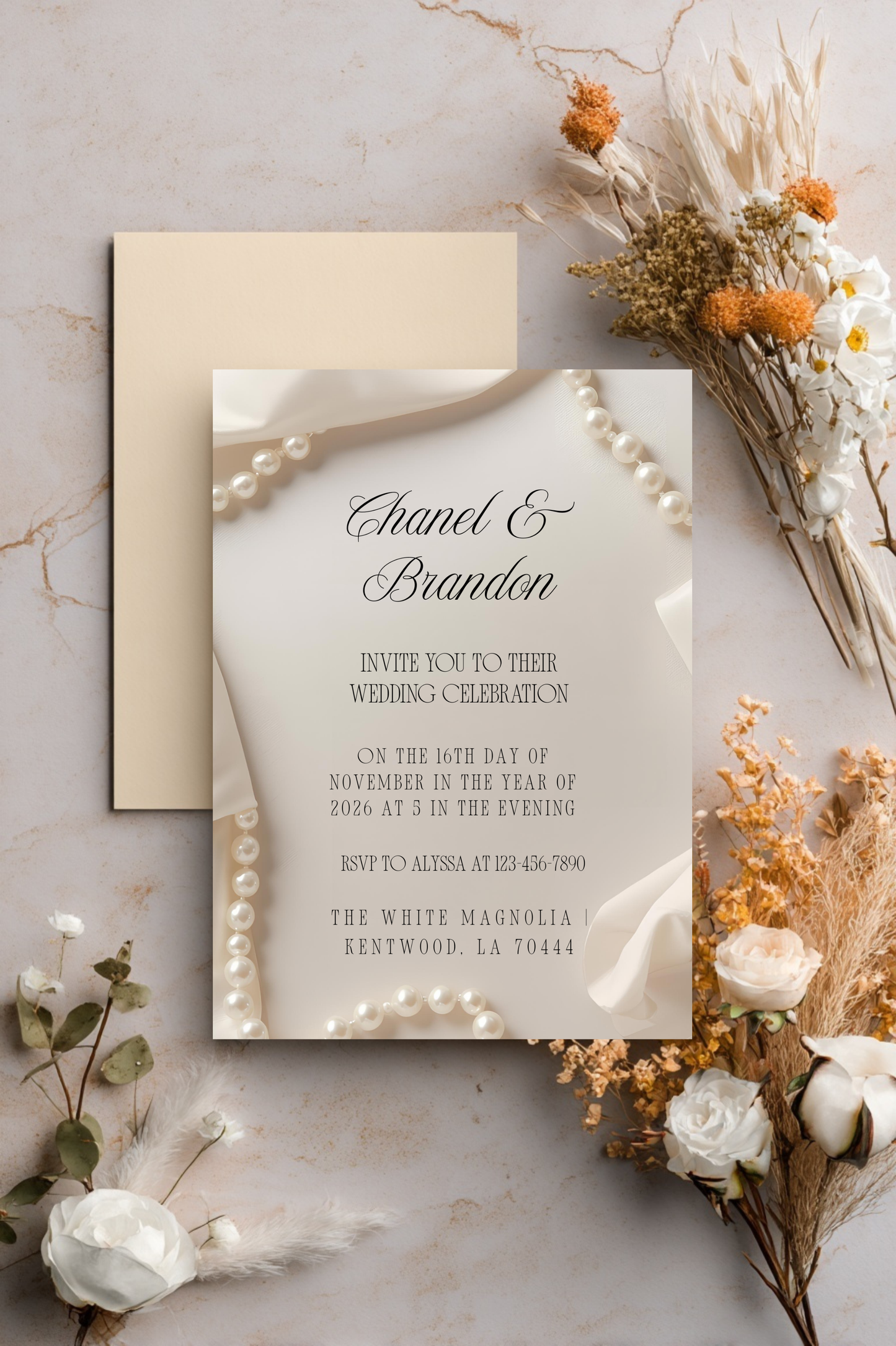 Minimal Pearl Wedding Invitation Template | Modern Elegant Bridal Suite | Editable Canva Invitation