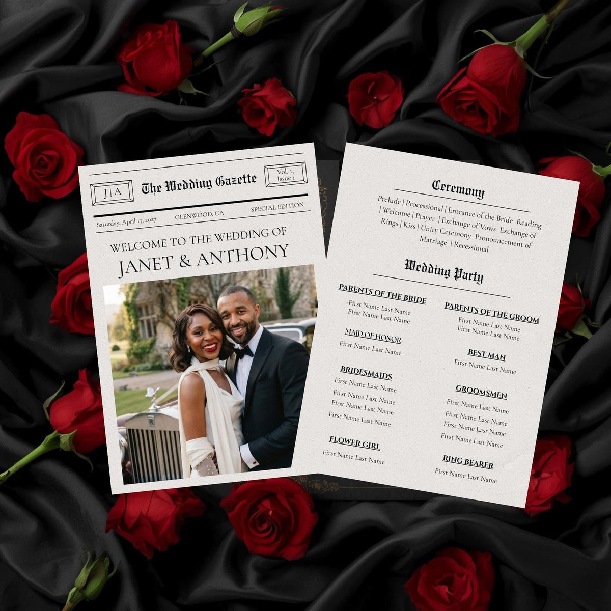 Newspaper wedding program template on dark fabric with red roses, two-page layout