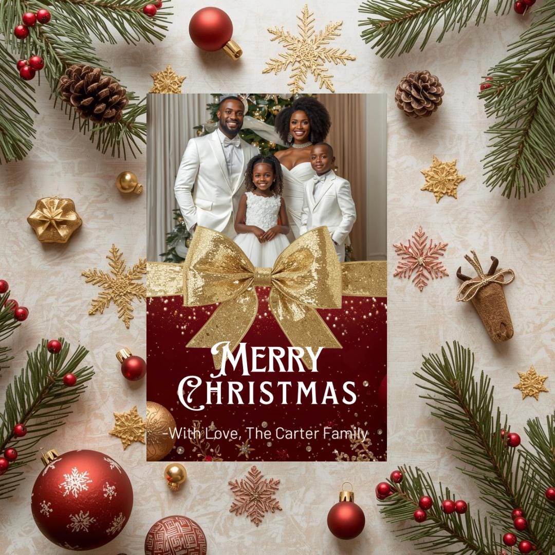 Christmas photo card template featuring family portrait, gold bow, and 'Merry Christmas' banner