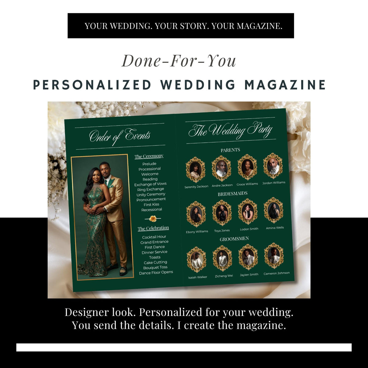 Personalized wedding magazine program preview with green event schedule pages