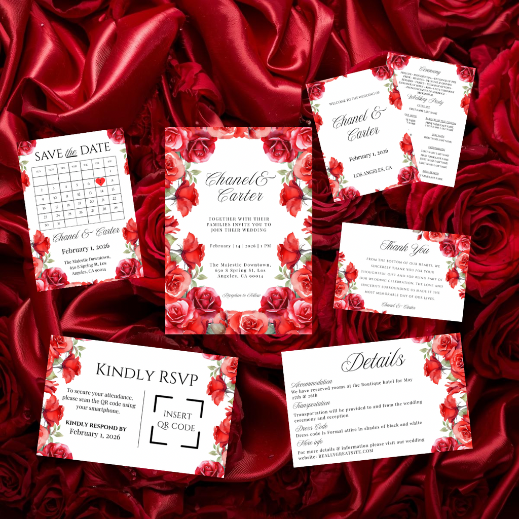 Red Rose Wedding Invitation Suite Template | Romantic Floral Wedding Suite | Editable Canva Wedding Invitations | Printable Invite Set