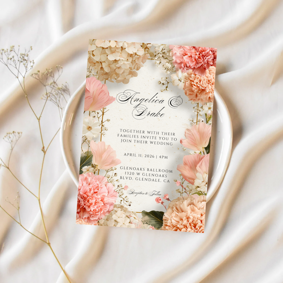 Cream Floral Wedding Invitation Template | Pink Carnation Printable | Elegant Canva Design