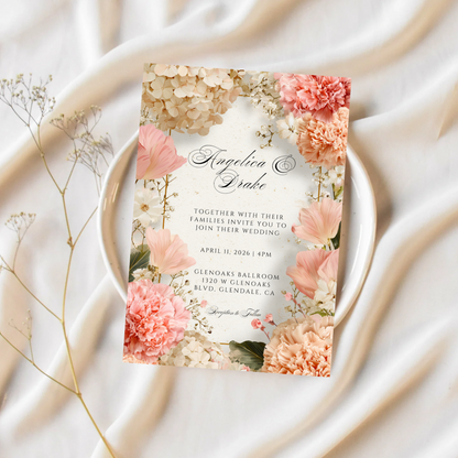 Cream Floral Wedding Invitation Template | Pink Carnation Printable | Elegant Canva Design