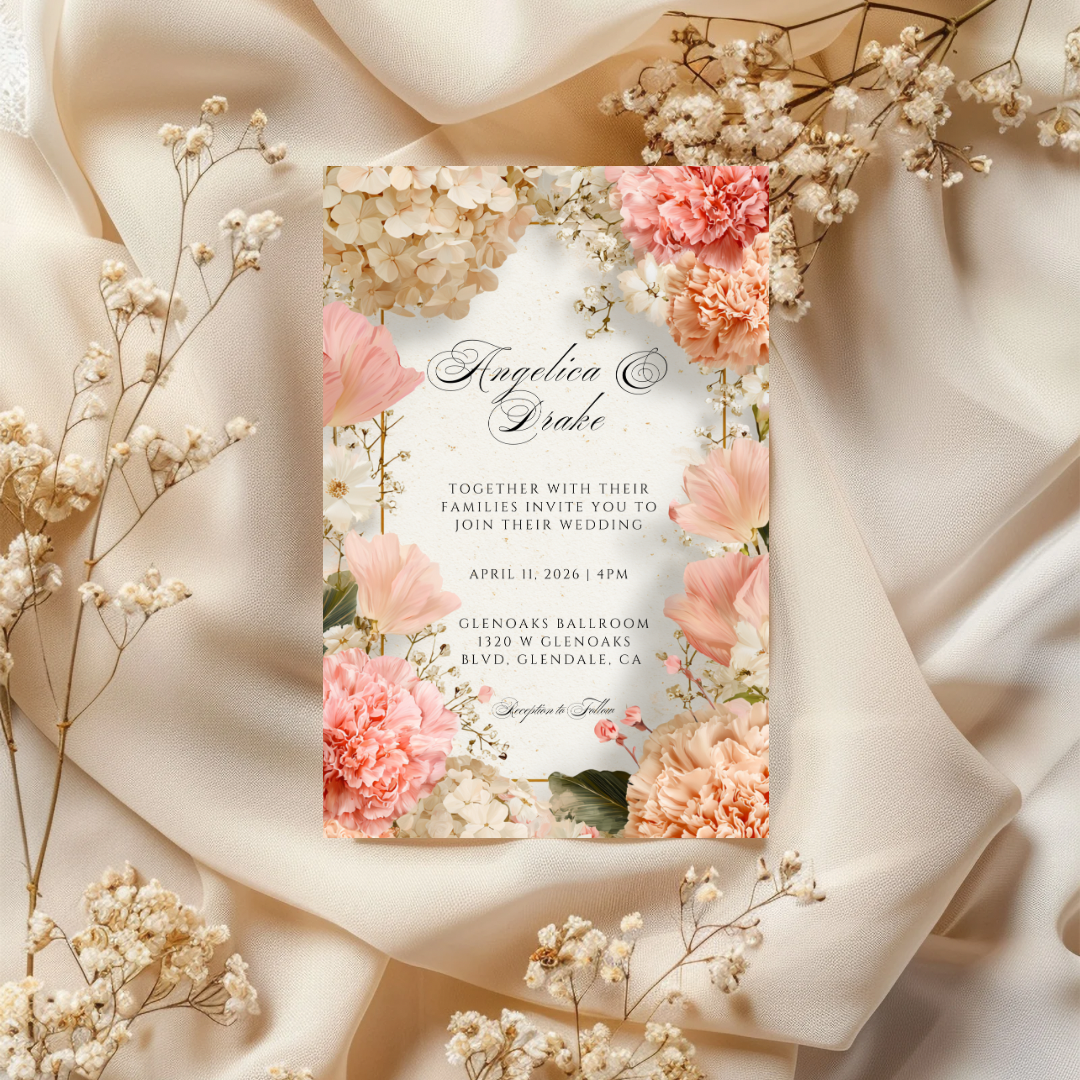 Cream Floral Wedding Invitation Template | Pink Carnation Printable | Elegant Canva Design