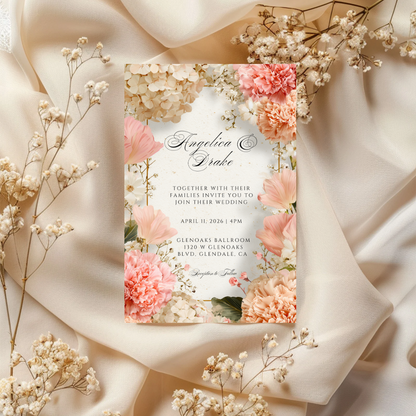 Cream Floral Wedding Invitation Template | Pink Carnation Printable | Elegant Canva Design