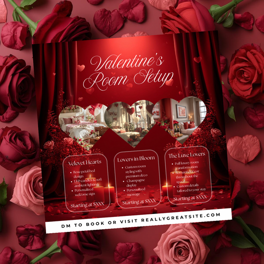 Valentine’s Room Setup Canva Template | Velvet Hearts Romantic Hotel Flyer | Luxury Valentine’s Room Decor Promo | Editable Canva Design
