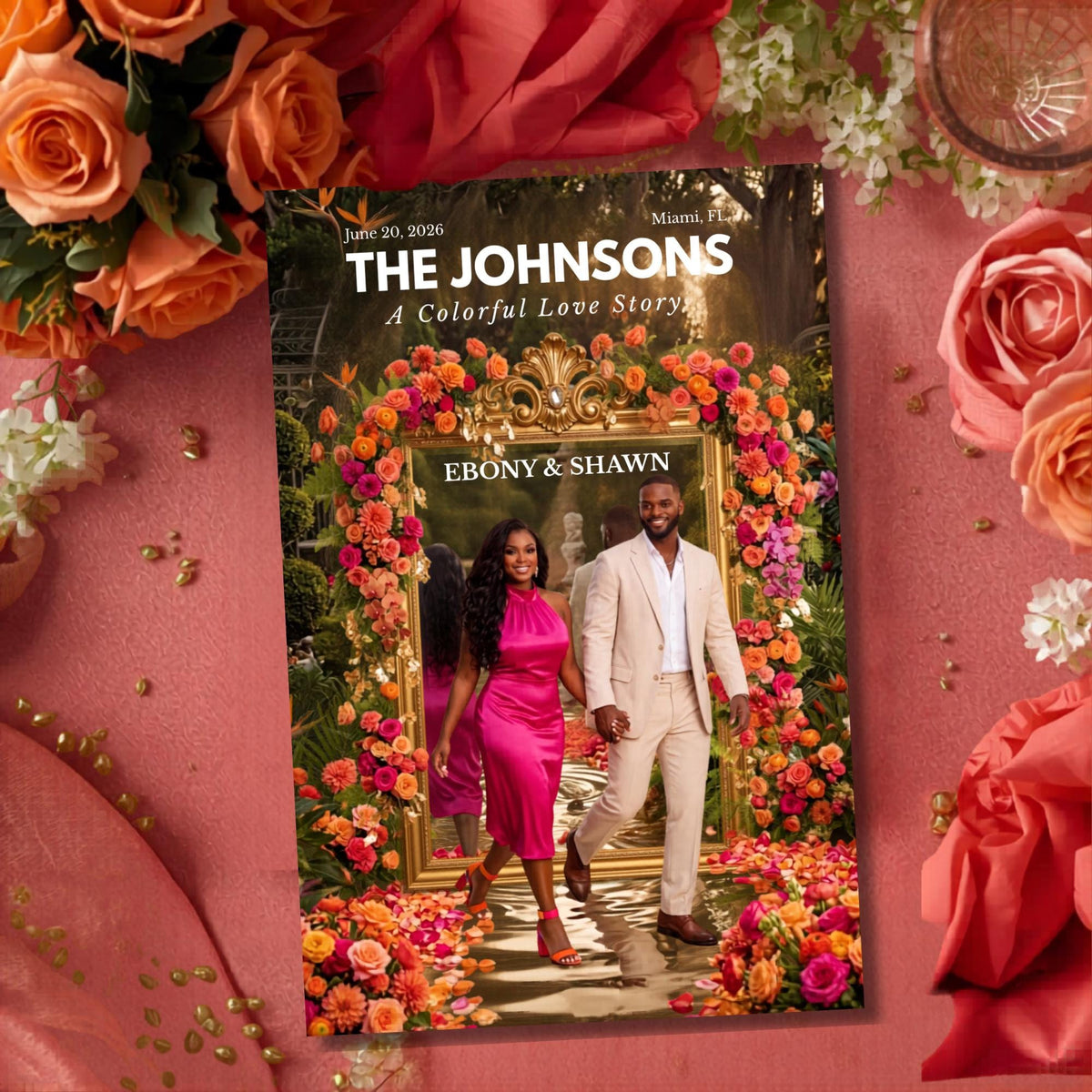 Personalized wedding magazine program cover with floral frame and couple in pink