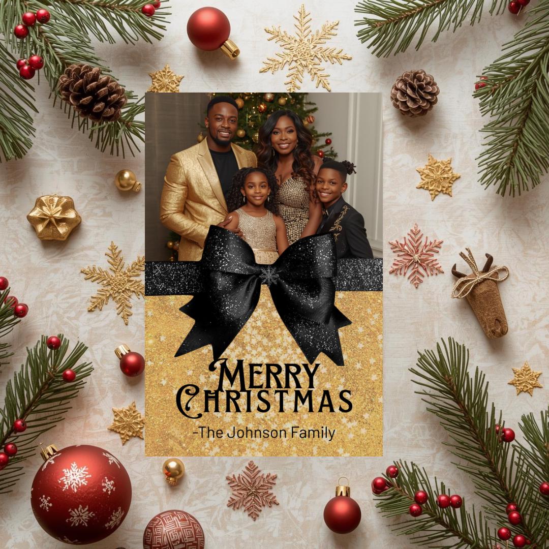 Black and gold Christmas photo card with family photo, glitter bow, and 'Merry Christmas'