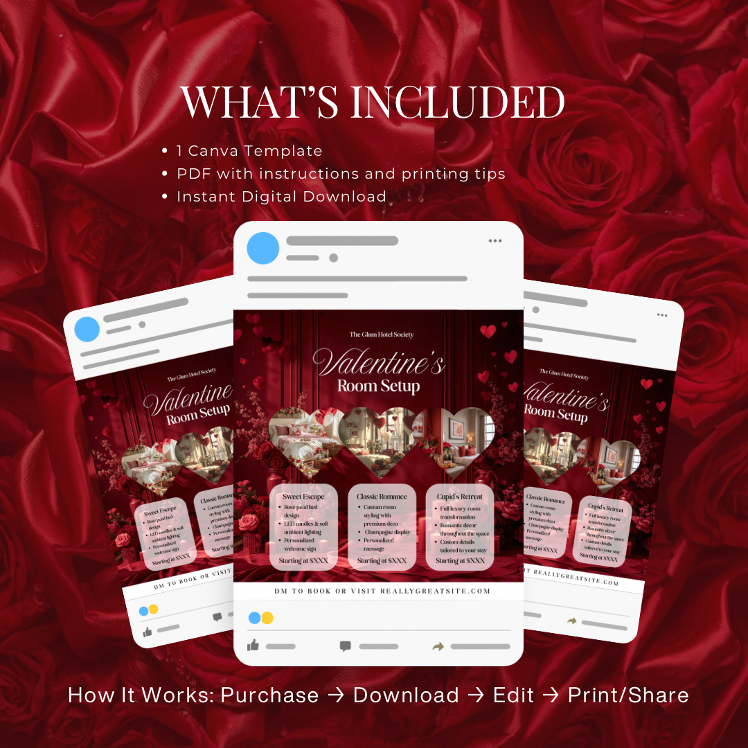 Valentine’s Room Setup Canva Template | Cupid’s Retreat Luxury Hotel Decor Flyer | Valentine’s Day Room Styling Promo | Editable Design