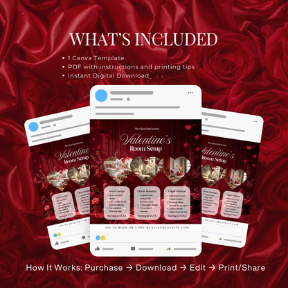 Valentine’s Room Setup Canva Template | Cupid’s Retreat Luxury Hotel Decor Flyer | Valentine’s Day Room Styling Promo | Editable Design