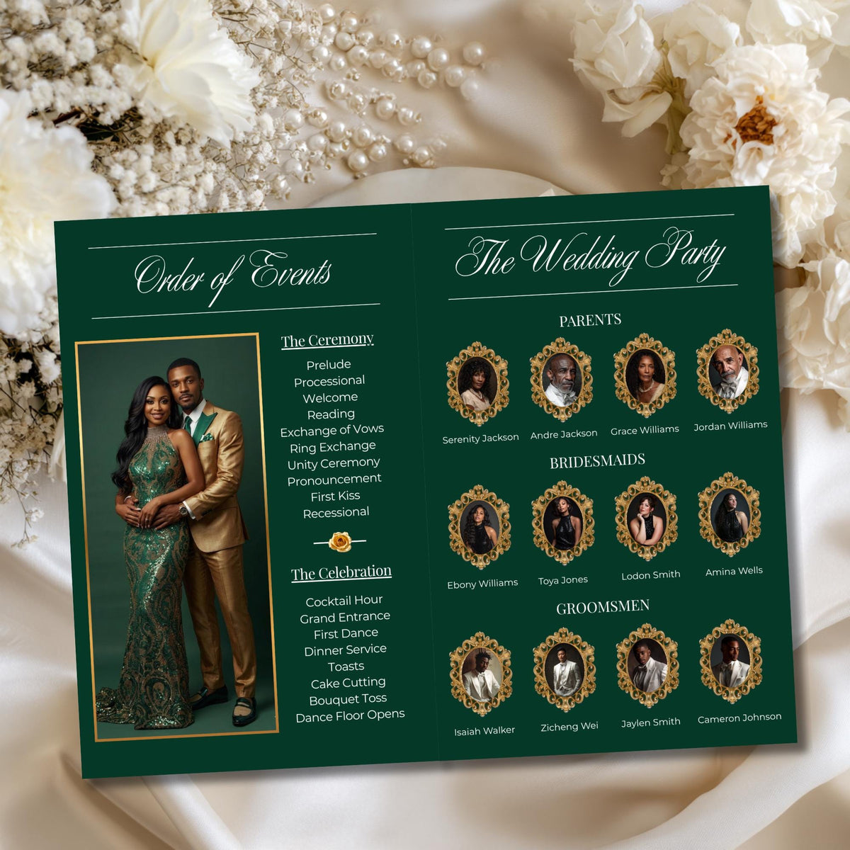 Wedding magazine order-of-events spread with ceremony details and family photo boxes