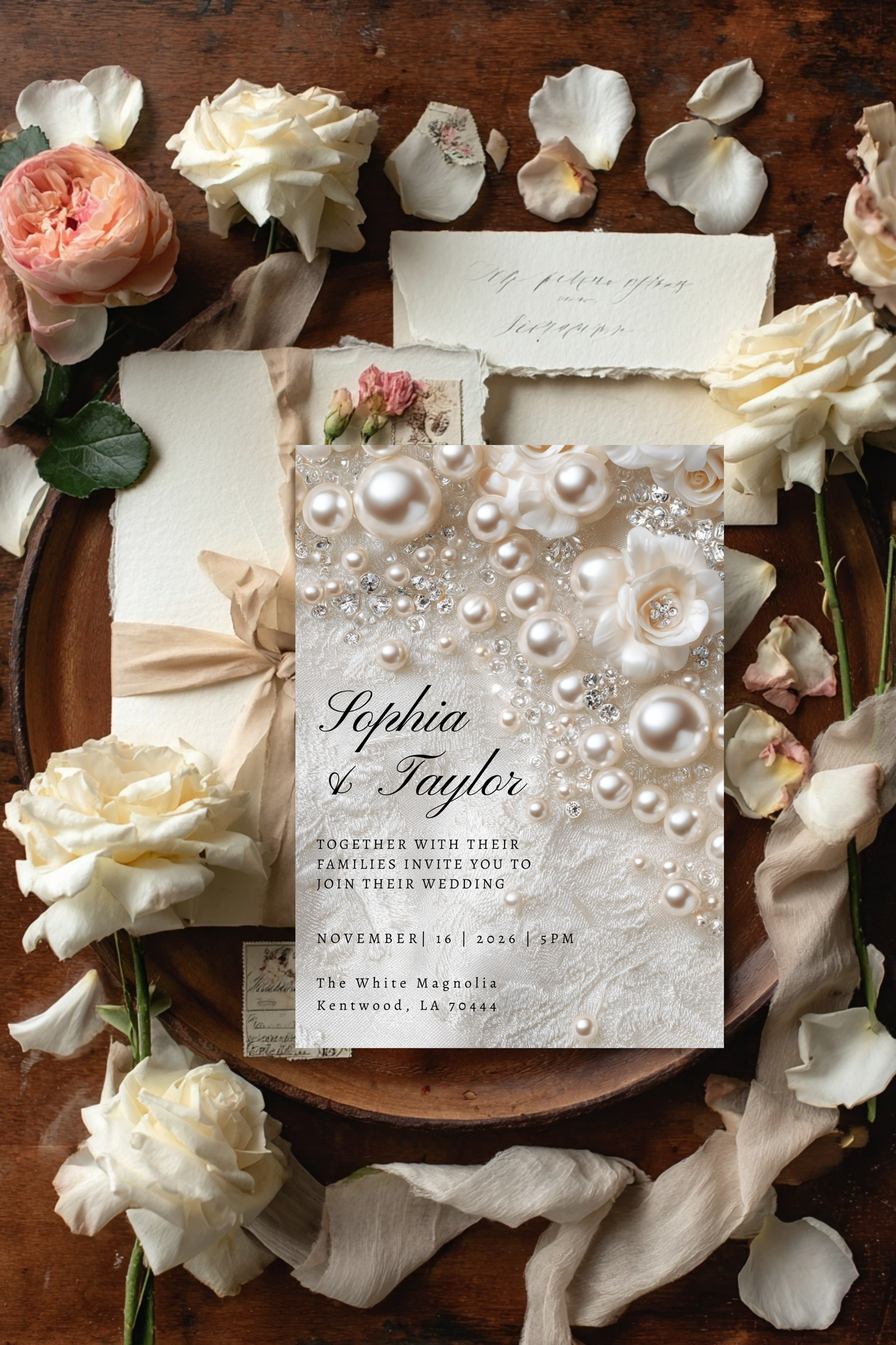 Romantic Pearl Wedding Invitation | Whimsical Elegant Wedding Template | Canva Editable Invite