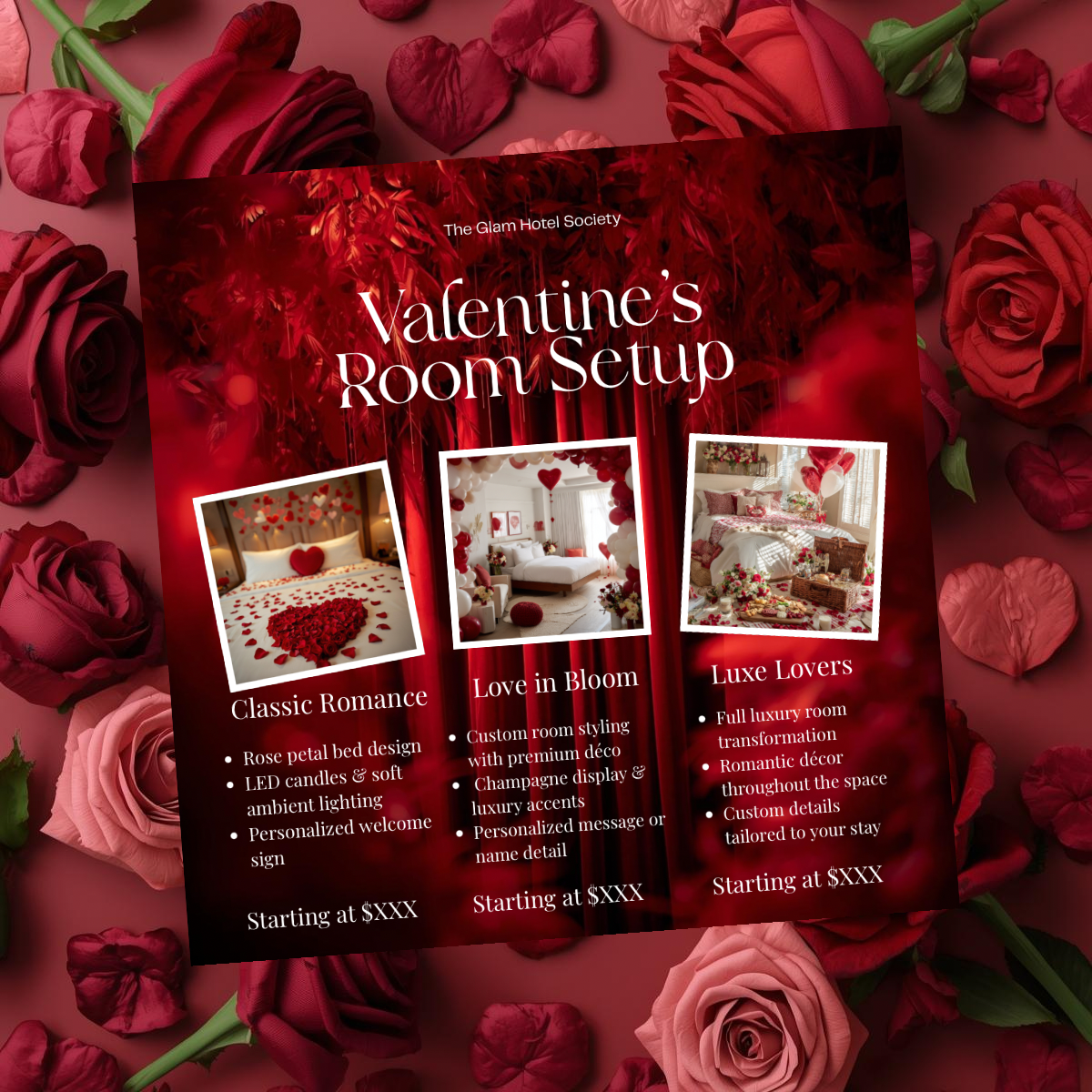 Valentine’s Day Room Decoration Flyer | Romantic Escape | Canva Price List Template for Businesses