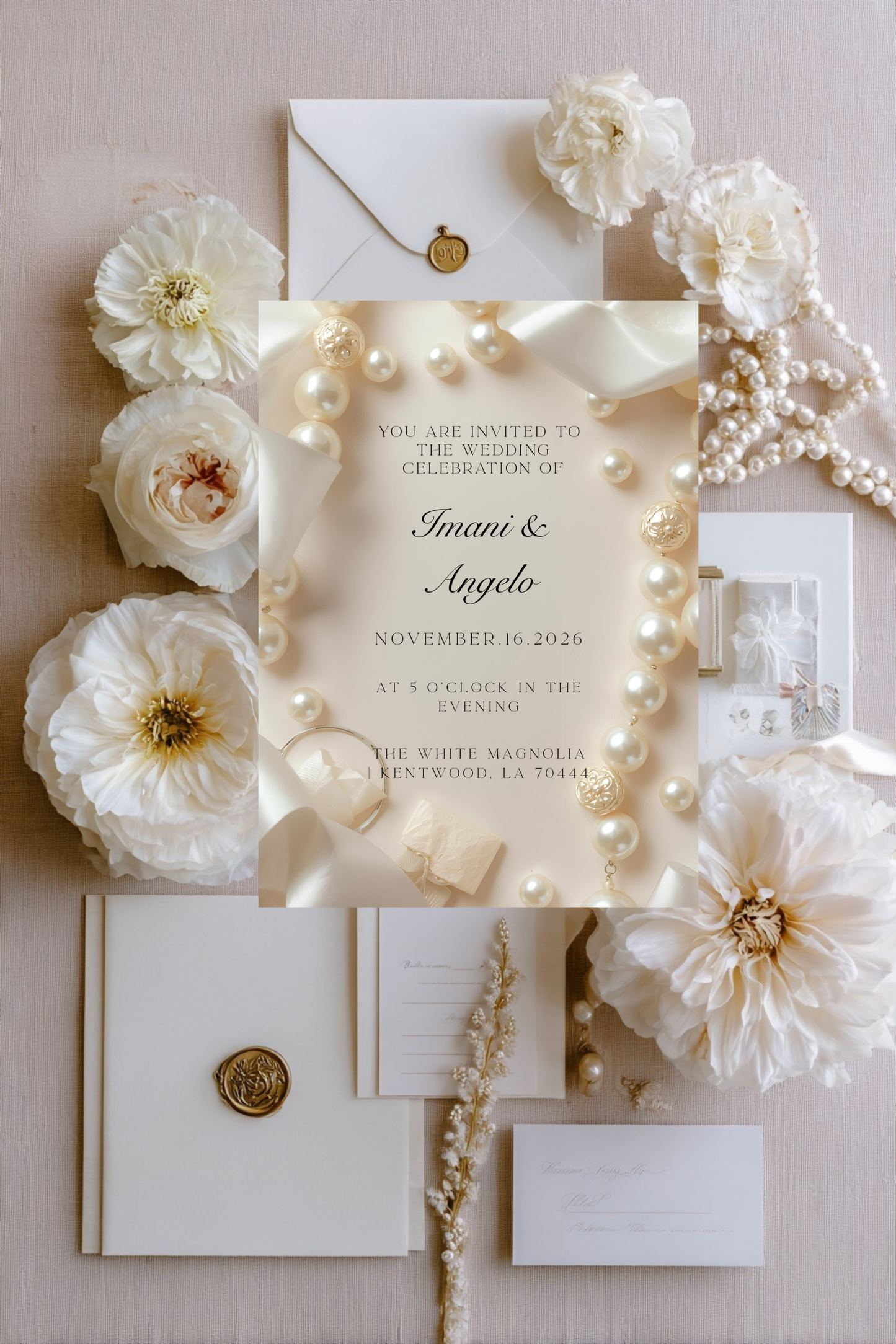 Modern Pearl Satin Wedding Invitation | Chic Elegant Bridal Template | Editable Canva Wedding Suite