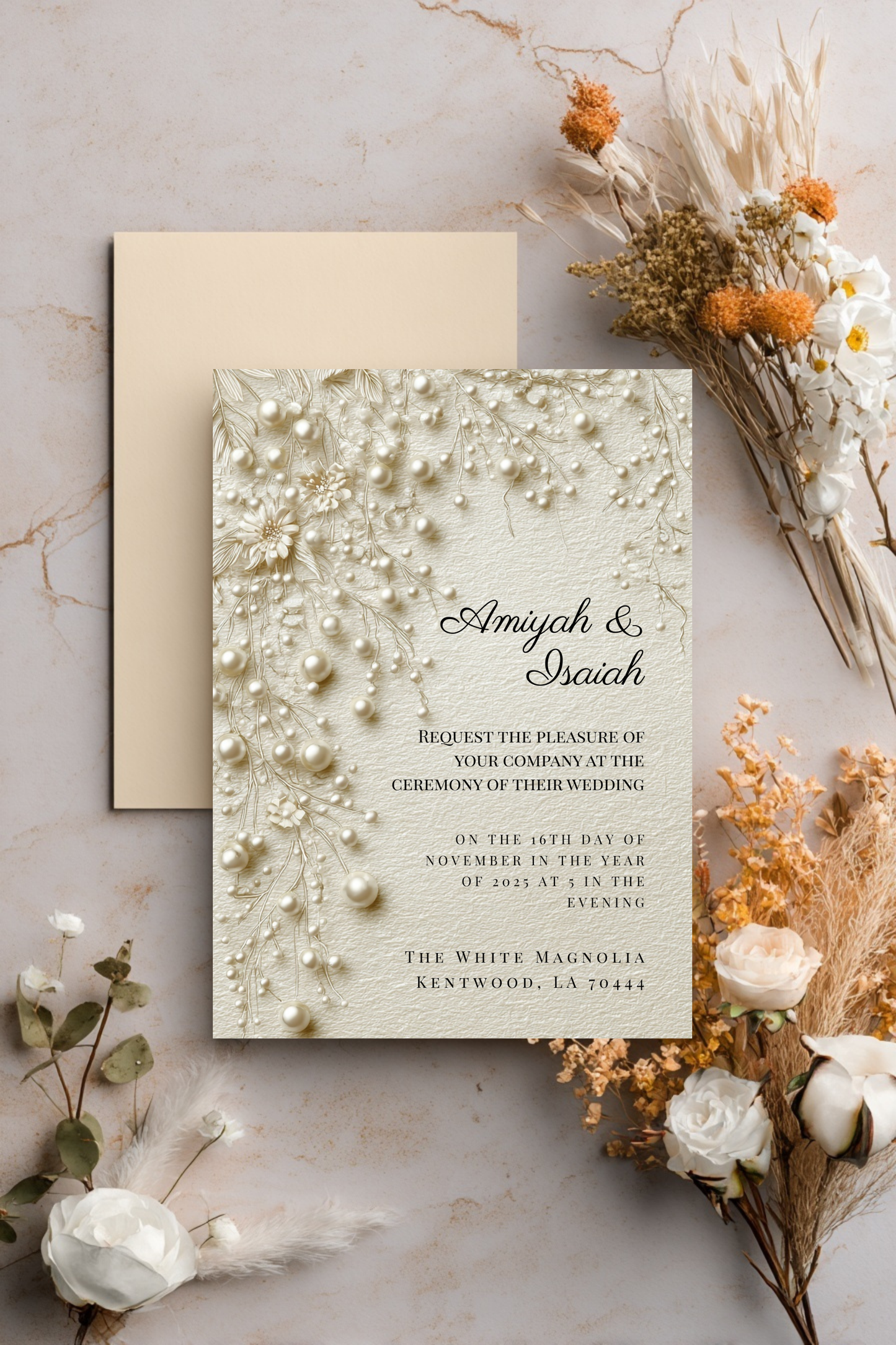 Pearl & Lace Wedding Invitation Template | Vintage Romantic Bridal Invite | Editable Canva Stationery