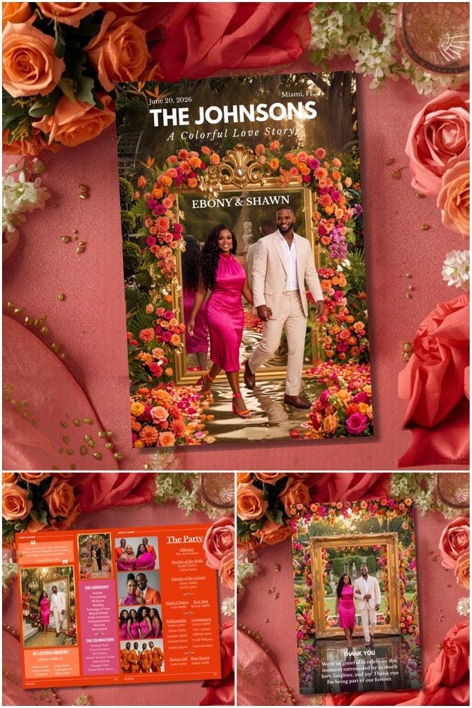 Personalized wedding magazine program pages collage with couple portraits and text blocks