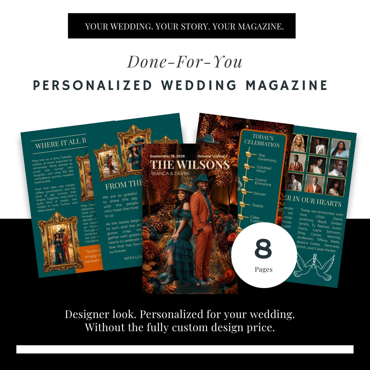 Personalized wedding magazine program, teal and gold cover design with 8 pages badge.