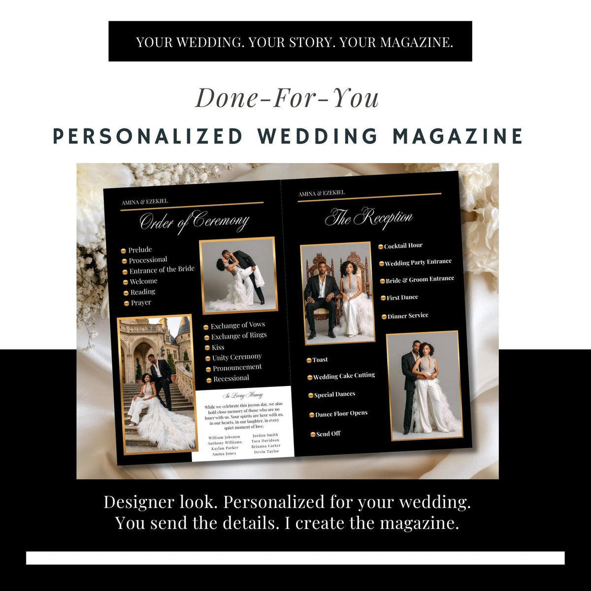 Black and gold wedding magazine program open layout with ceremony and reception sections