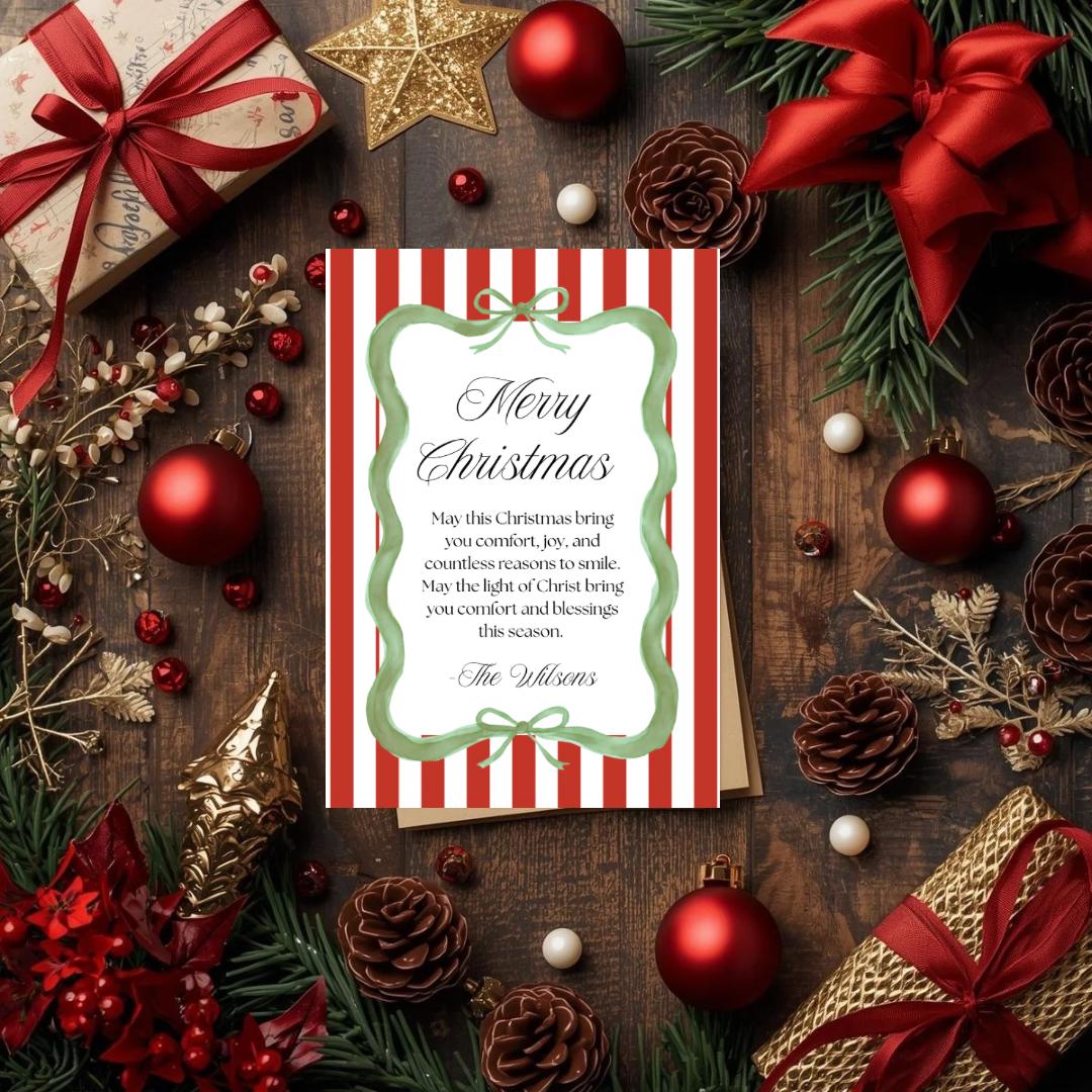 Christmas card front with red-and-green stripes, green decorative frame, and 'Merry Christmas' text.