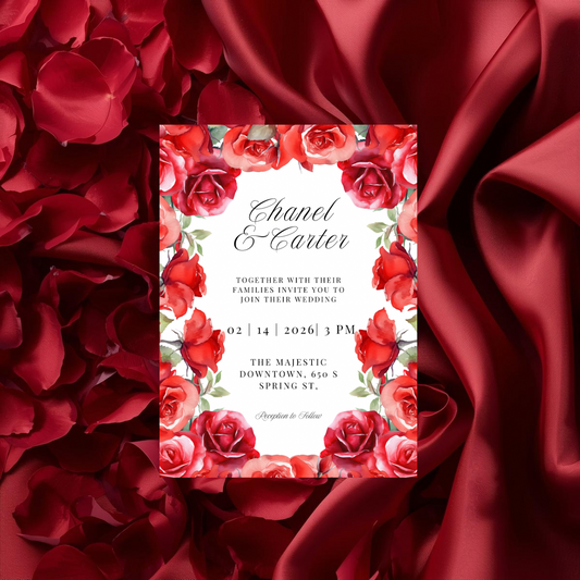 Red Rose Wedding Invitation Template | Romantic Floral Wedding Invitation | Editable Canva Wedding Invitations | Printable Invite Set