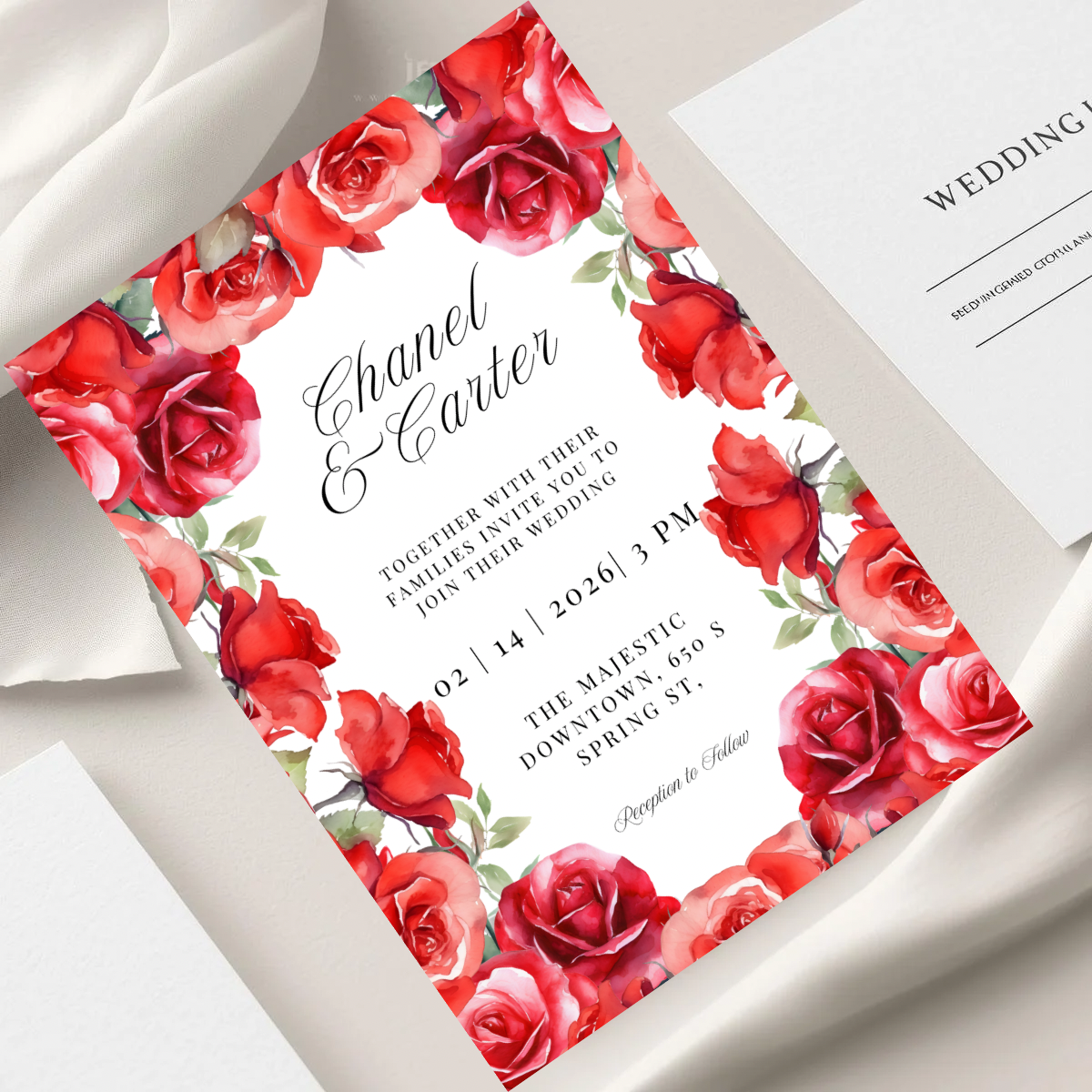 Red Rose Wedding Invitation Template | Romantic Floral Wedding Invitation | Editable Canva Wedding Invitations | Printable Invite Set