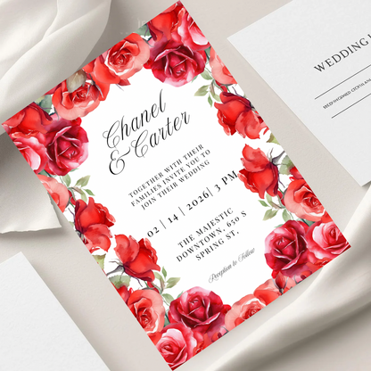 Red Rose Wedding Invitation Template | Romantic Floral Wedding Invitation | Editable Canva Wedding Invitations | Printable Invite Set