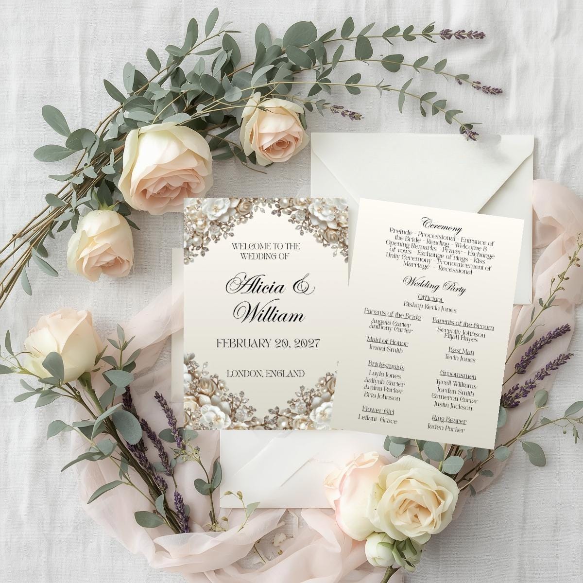 Wedding invitation suite template featuring welcome invitation and details cards