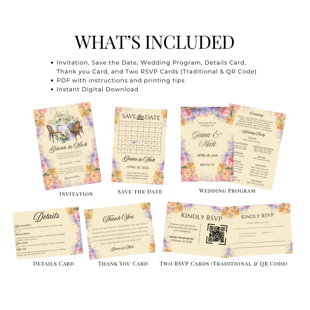 Wedding invitation suite set layout with invitation, save the date, RSVP, details, and thank you cards