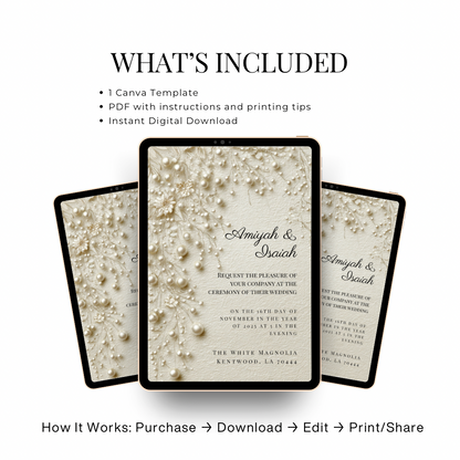 Pearl & Lace Wedding Invitation Template | Vintage Romantic Bridal Invite | Editable Canva Stationery
