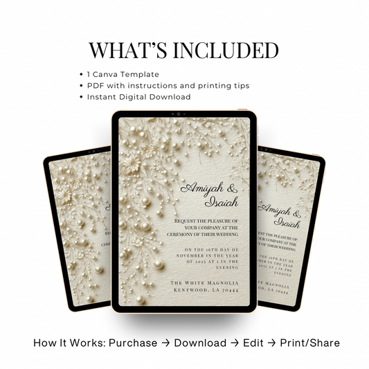 Pearl & Lace Wedding Invitation Template | Vintage Romantic Bridal Invite | Editable Canva Stationery