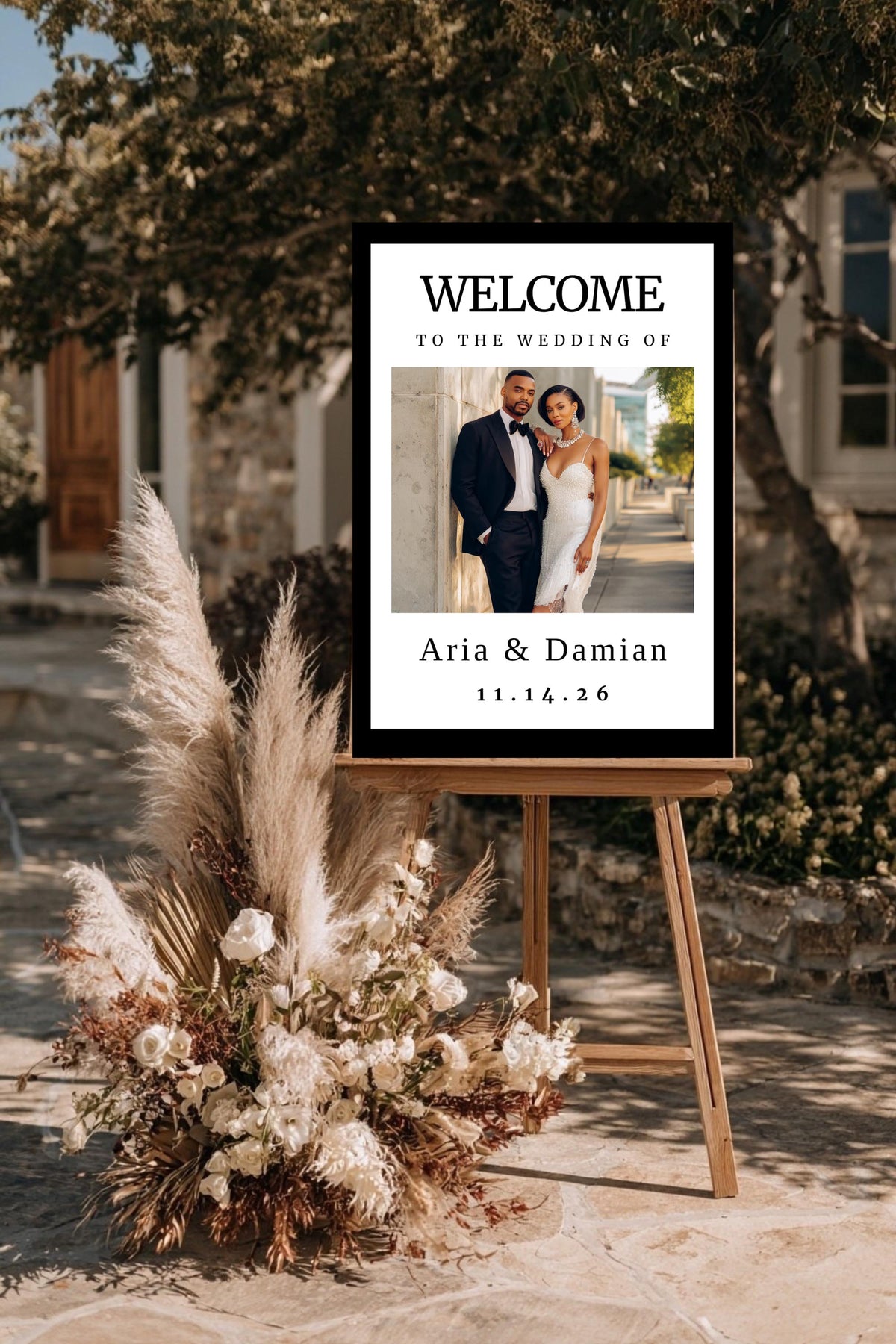Welcome sign mockup on wooden easel with couple names and date layout