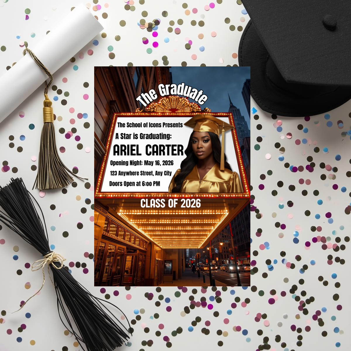 Movie Premiere Graduation Invitation | Semi-Custom Cinematic Grad Announcement Template | Class of 2026 Editable Flyer | Main Character Senior Invite