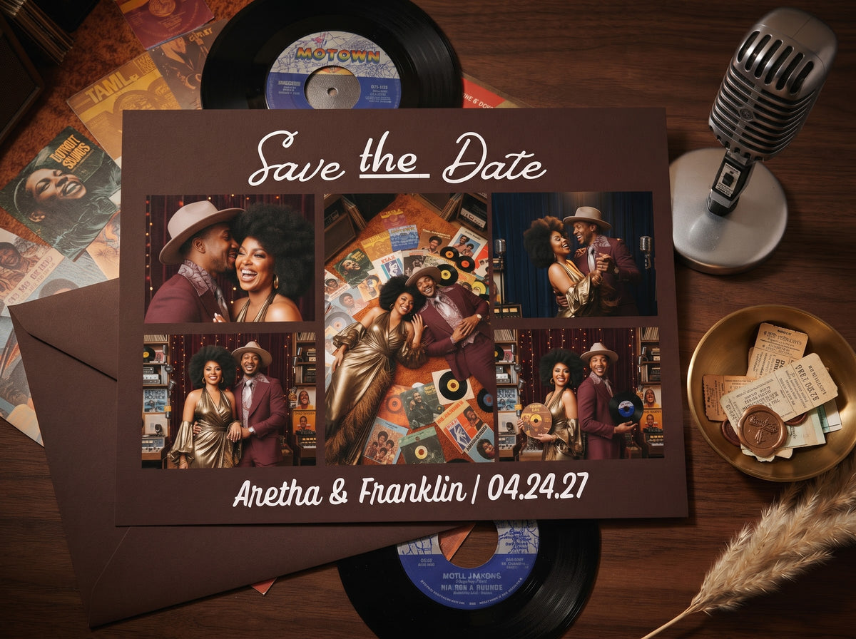 Brown Save the Date photo card with collage of couple photos and names/date