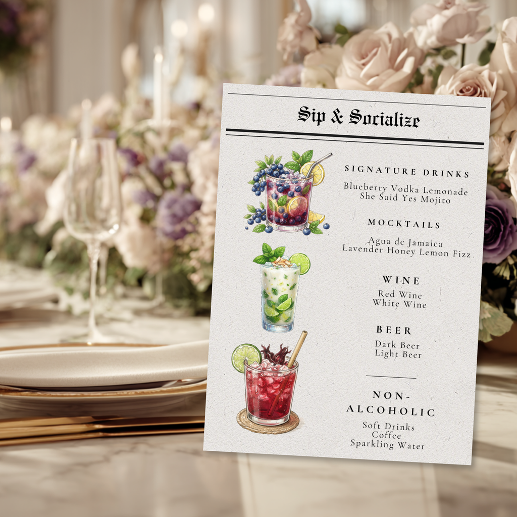 The Everafter Times | Newspaper Wedding Reception Suite | Editable Canva Template | Welcome Sign | Menus | Seating Charts |Table Numbers | Place Cards