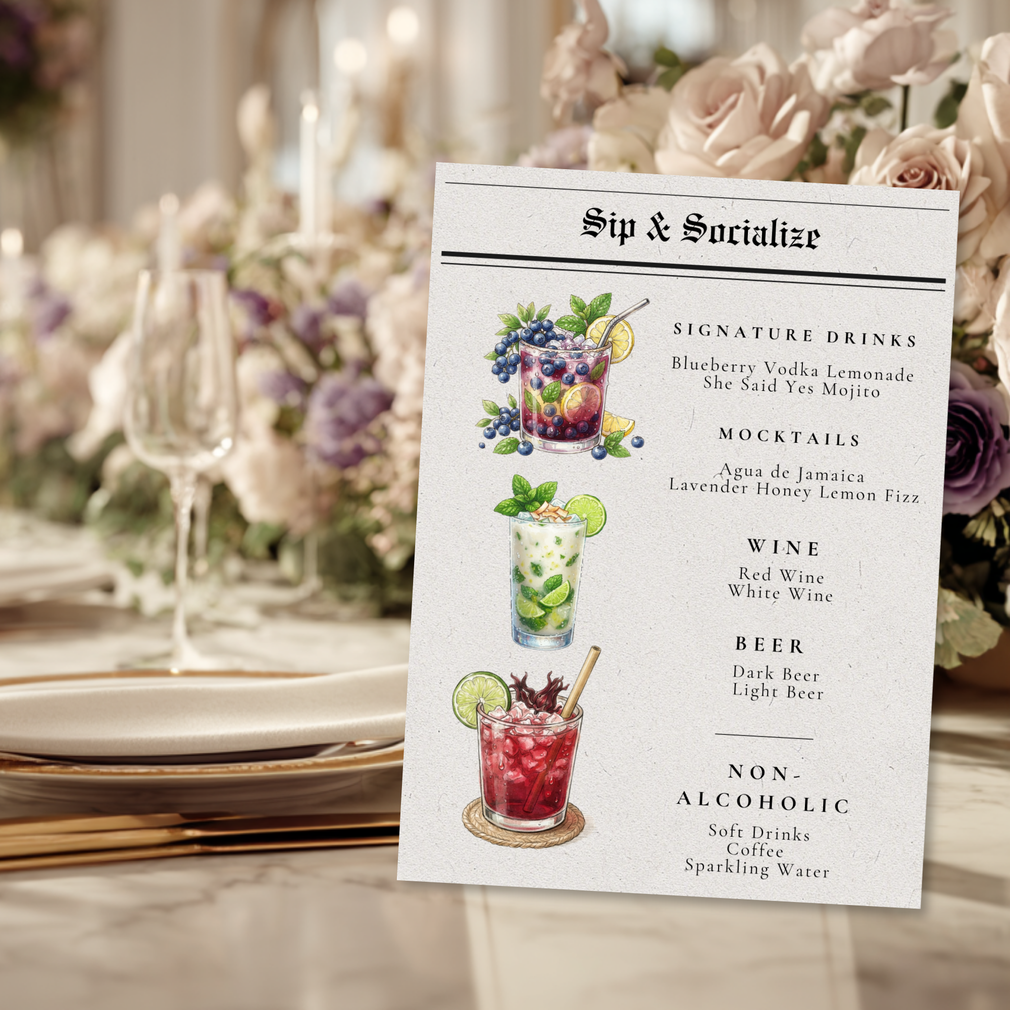 The Everafter Times | Newspaper Wedding Reception Suite | Editable Canva Template | Welcome Sign | Menus | Seating Charts |Table Numbers | Place Cards