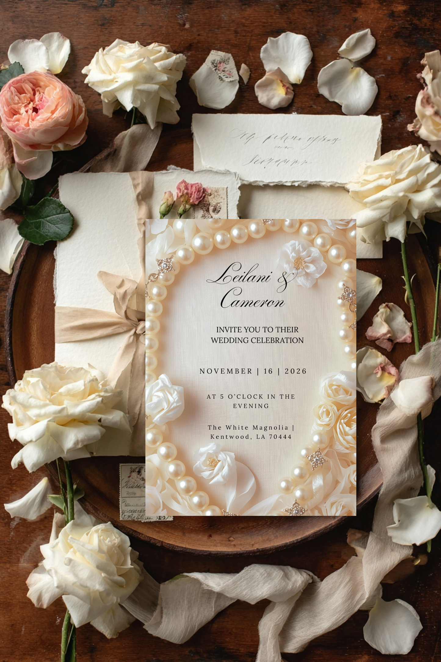 Elegant Pearl Wedding Invitation Template: Ivory Roses (Digital Download)