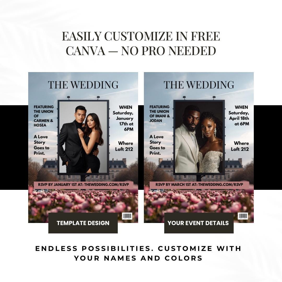 Wedding invitation template preview with two event detail versions for easy customization