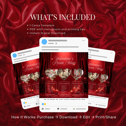 Valentine’s Room Setup Canva Template | Velvet Hearts Romantic Hotel Flyer | Luxury Valentine’s Room Decor Promo | Editable Canva Design