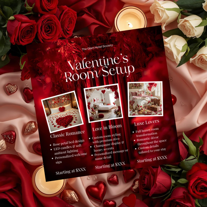 Valentine’s Day Room Decoration Flyer | Romantic Escape | Canva Price List Template for Businesses