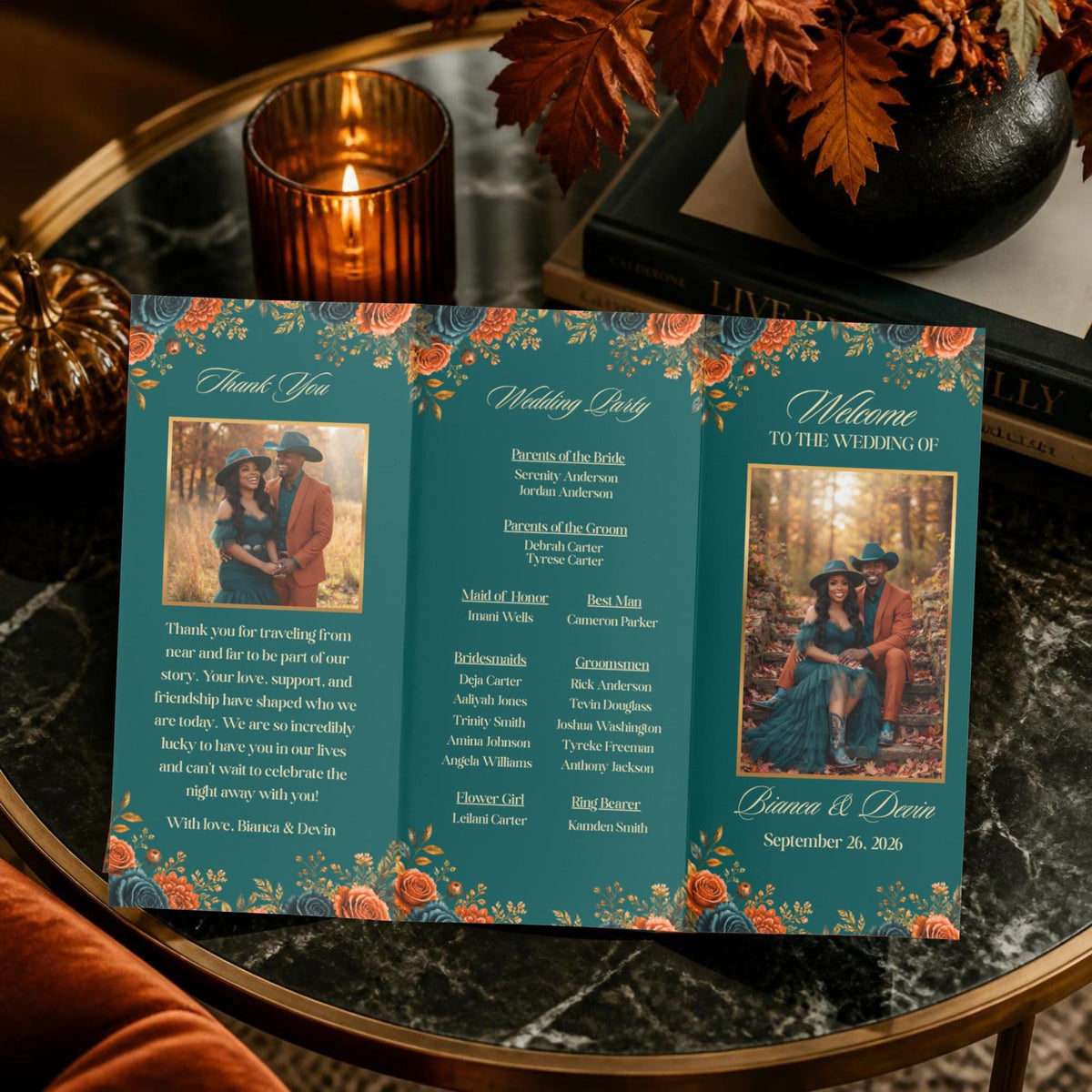 Teal trifold wedding program open view with floral border and “Thank You” panel